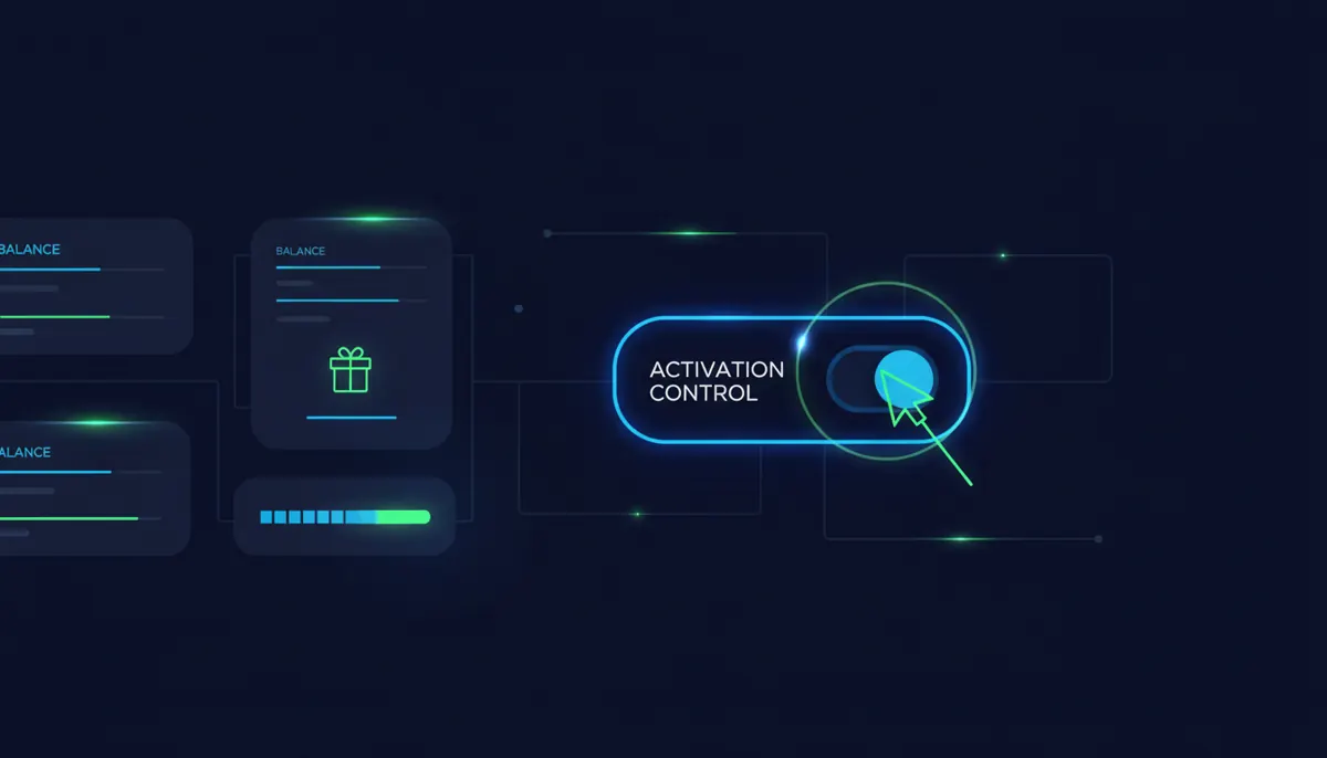 Mock dashboard graphic highlighting the bonus activation toggle location in a player account panel