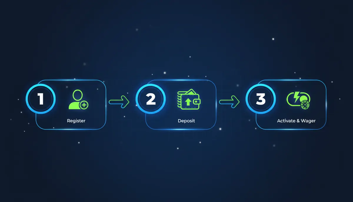 Infographic showing 3-step process: Register, Deposit, Activate & Wager