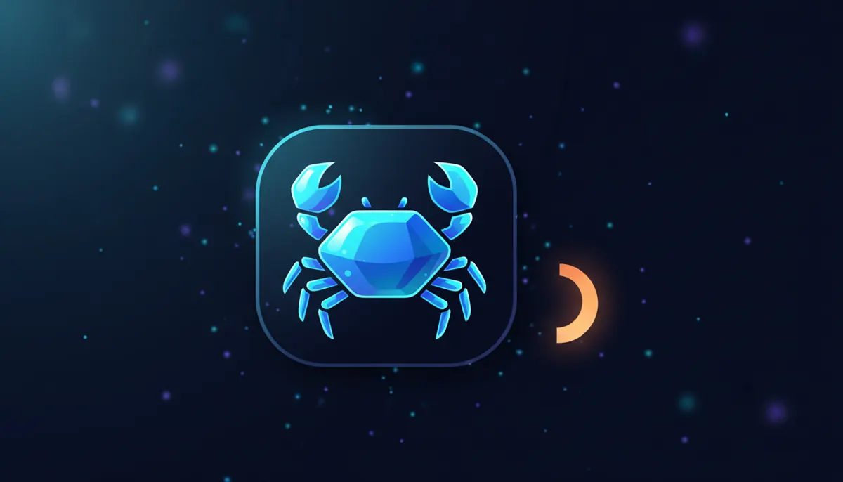 Stylised neon crab mascot icon beside a cautionary badge symbol indicating an unverified feature