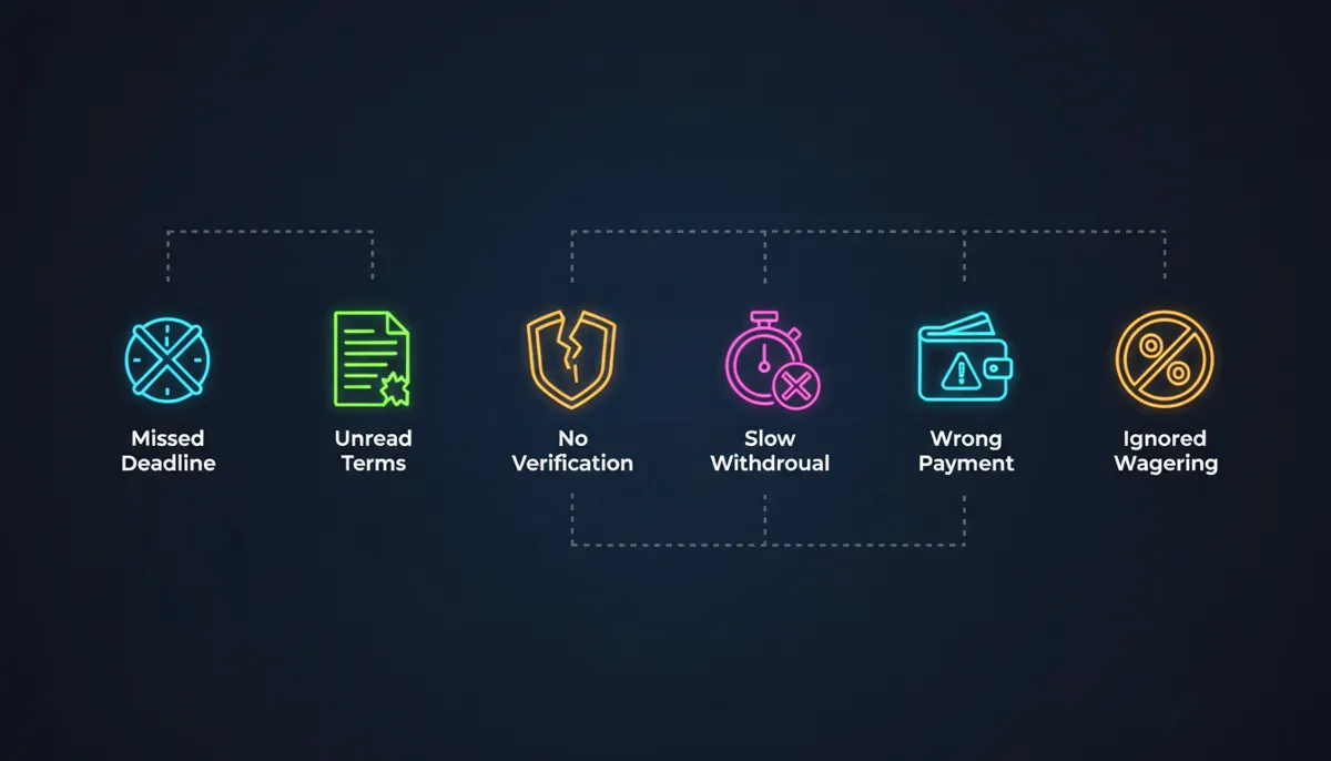Infographic showing six common bonus-claim mistakes to avoid, each represented by a distinct warning icon