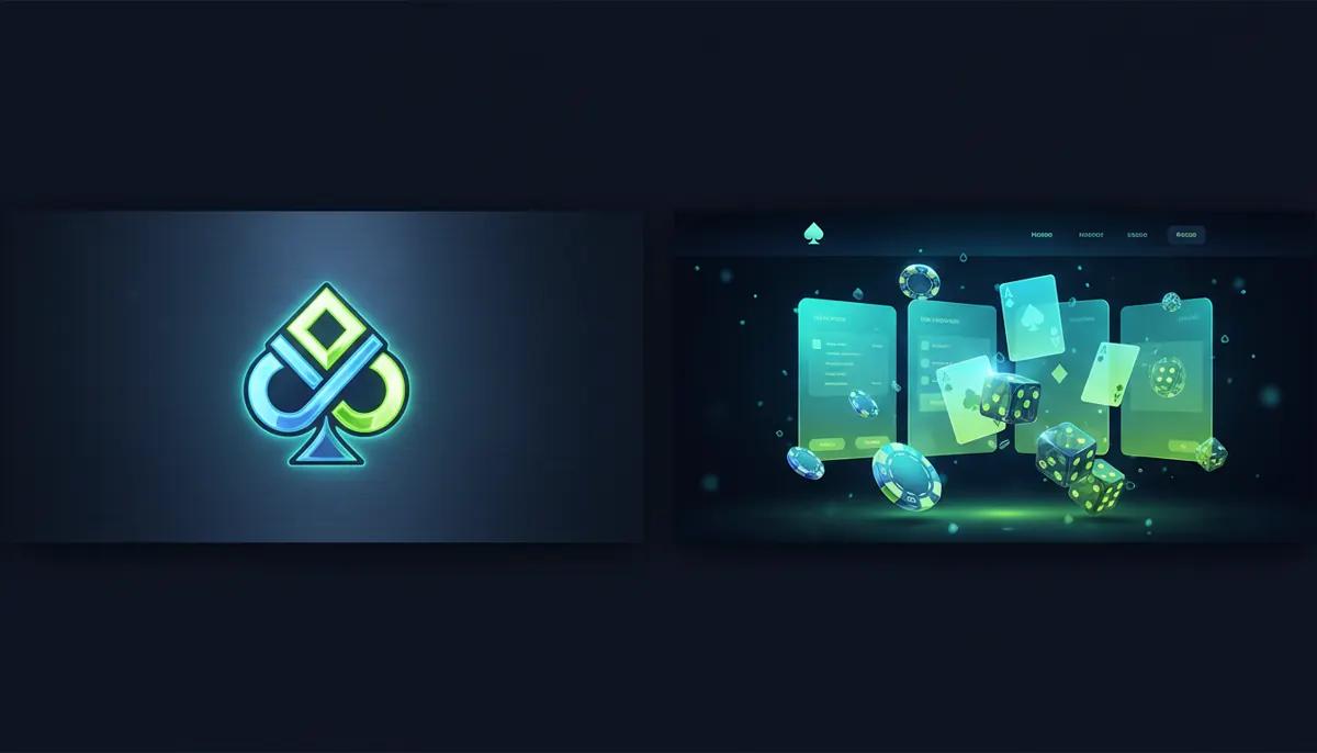 Abstract Cazeus Casino brand emblem beside a glowing stylized homepage hero banner with casino chips and cards