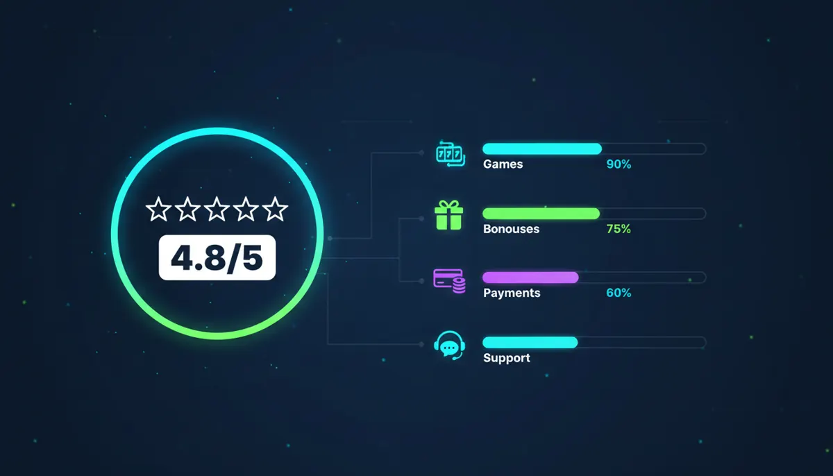 Infographic showing a casino rating badge with sub-bars for Games, Bonuses, Payments, and Support