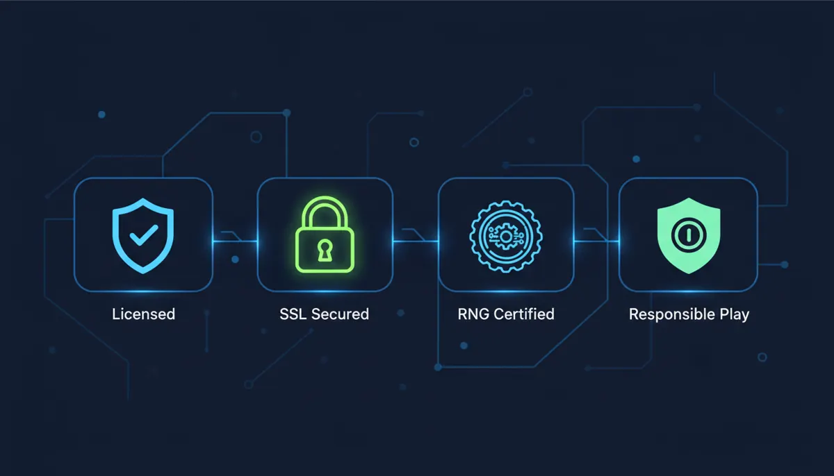 Infographic row of four trust icons: licence badge, SSL padlock, RNG certification, and responsible gambling symbol