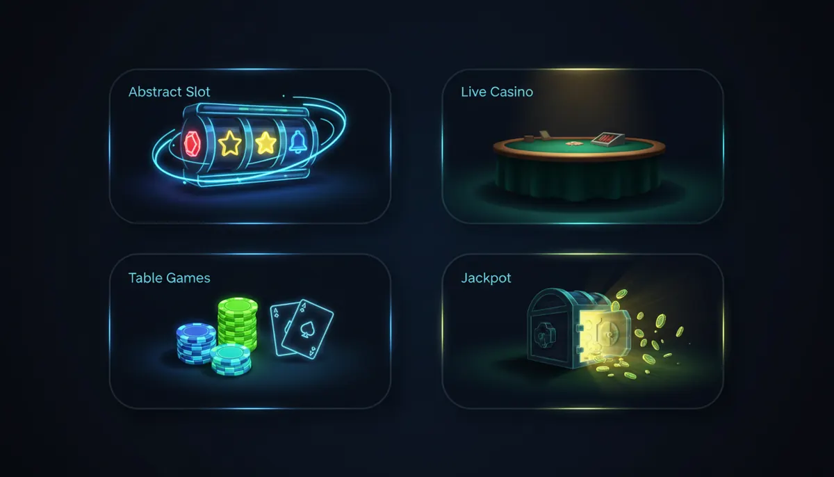 Grid of four glowing category cards representing slots, live casino, table games, and jackpots