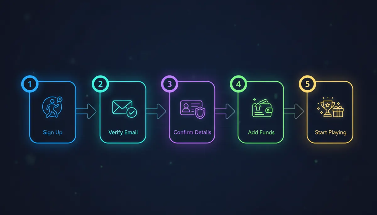 Five-step infographic showing the Cazeus Casino registration journey from sign-up to playing
