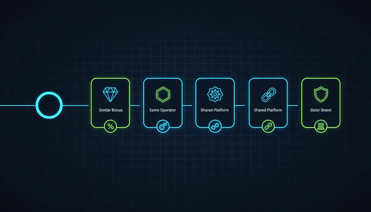 Infographic comparing Cazeus sister brand cards with short notes on shared operator, bonuses, and platform features