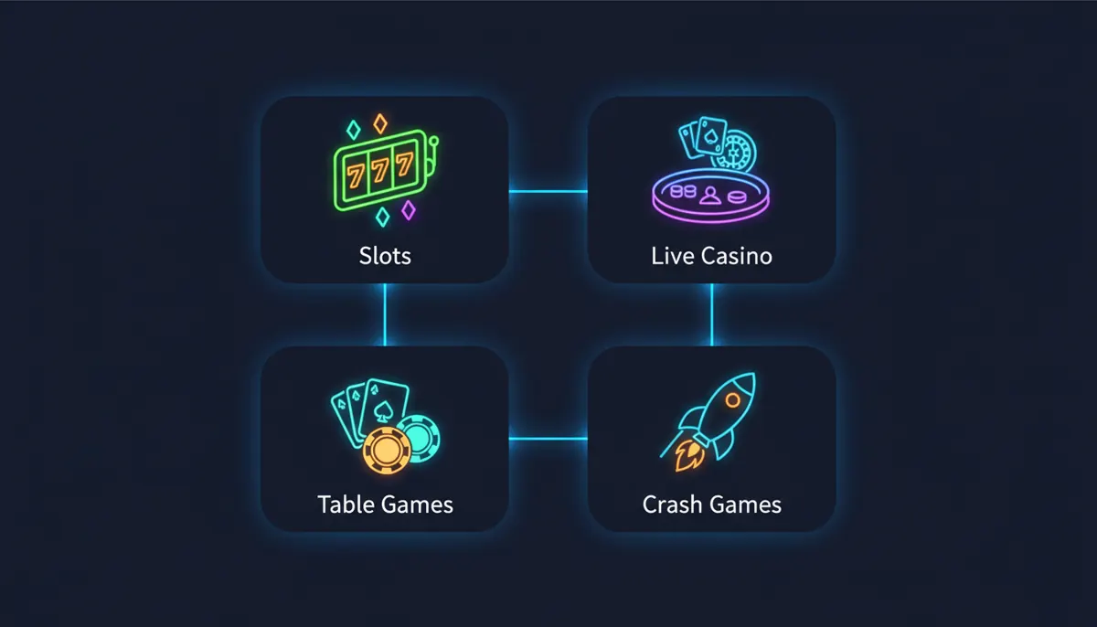 Infographic grid showing four casino game categories: Slots, Live Casino, Table Games, and Crash Games icons