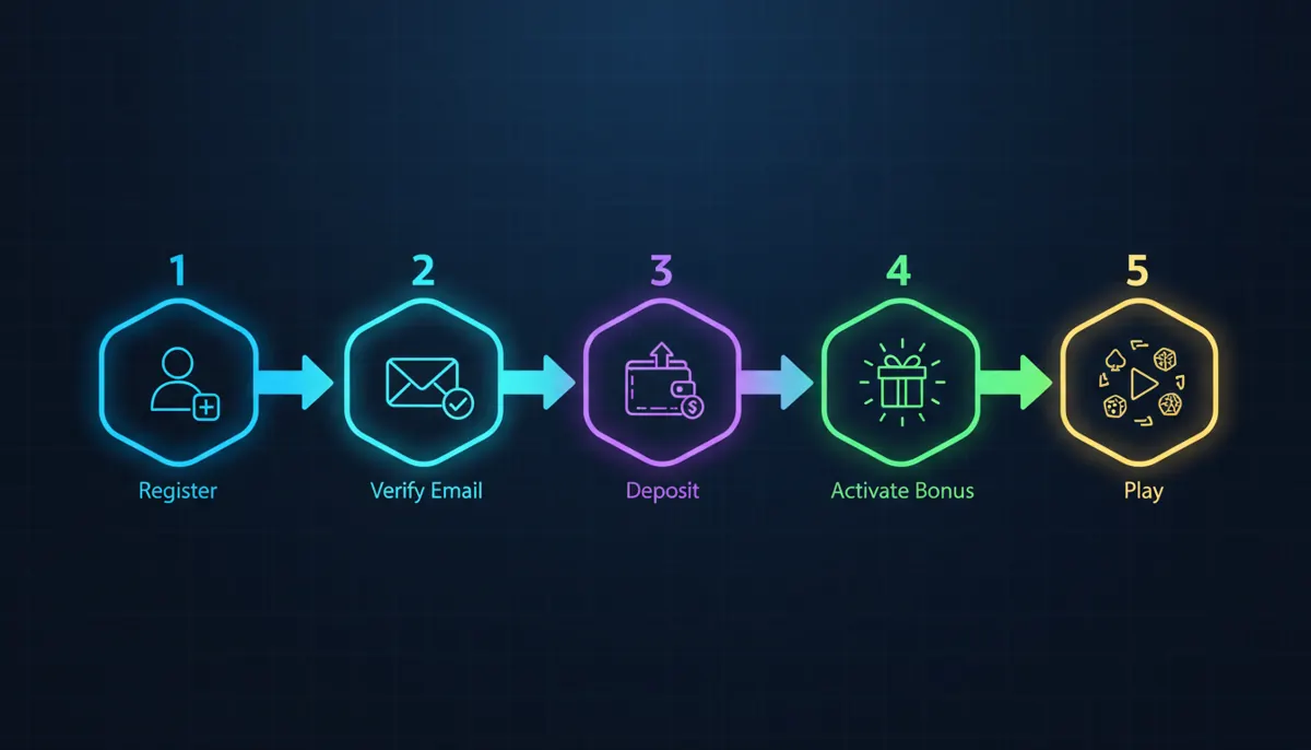 Infographic showing the five-step process: Register, Verify Email, Deposit, Activate Bonus, and Play.