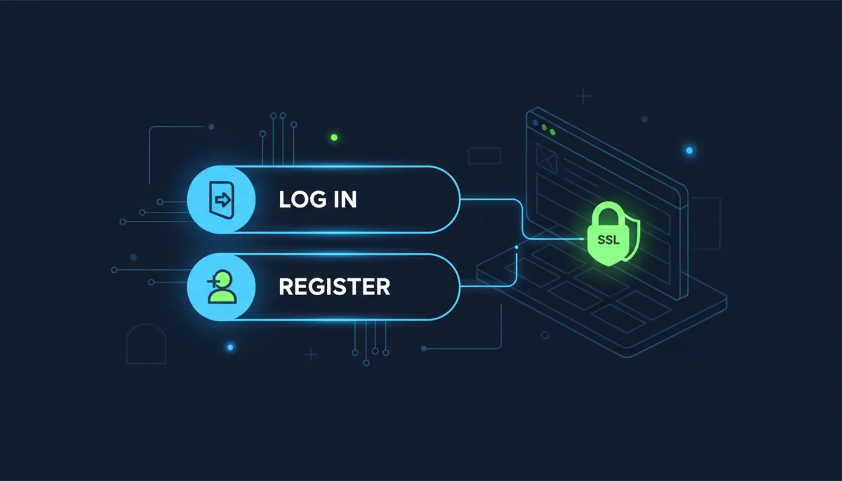 Infographic showing a secure login and register panel with padlock SSL icon for casino account access