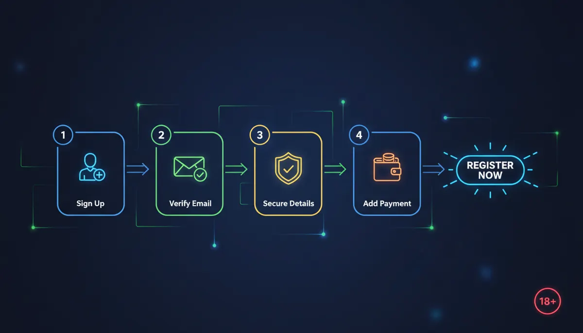 Infographic showing five-step casino account registration process ending with a Register Now button and an 18+ age verification badge