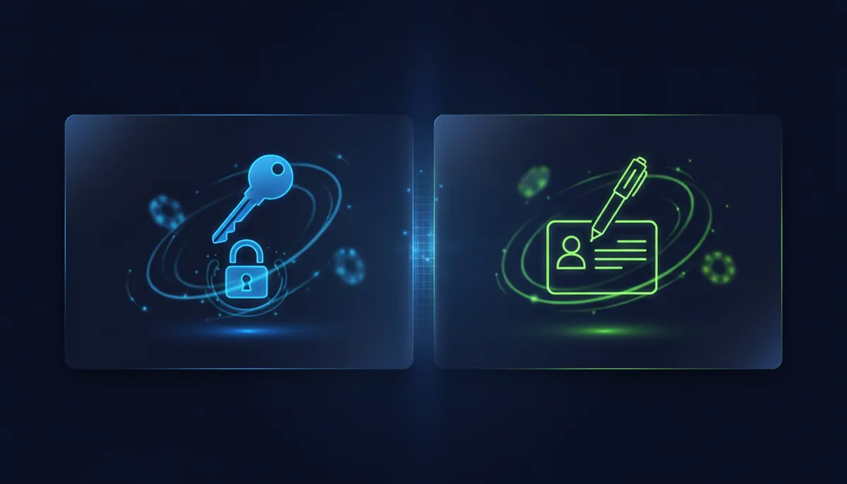 Abstract split illustration contrasting a glowing key symbolizing quick login with a glowing pen symbolizing new account registration on a dark neon casino-themed background