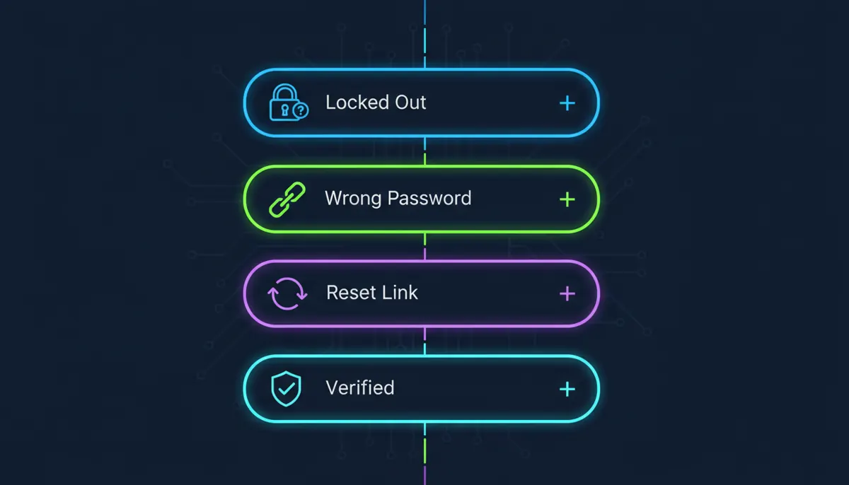 Infographic showing four expandable FAQ panels with icons illustrating common login fixes such as locked account, wrong password, reset link, and verification.
