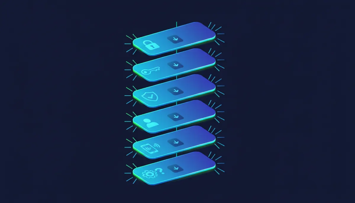 Infographic showing six expandable FAQ panels with icons representing login, security, and account access topics