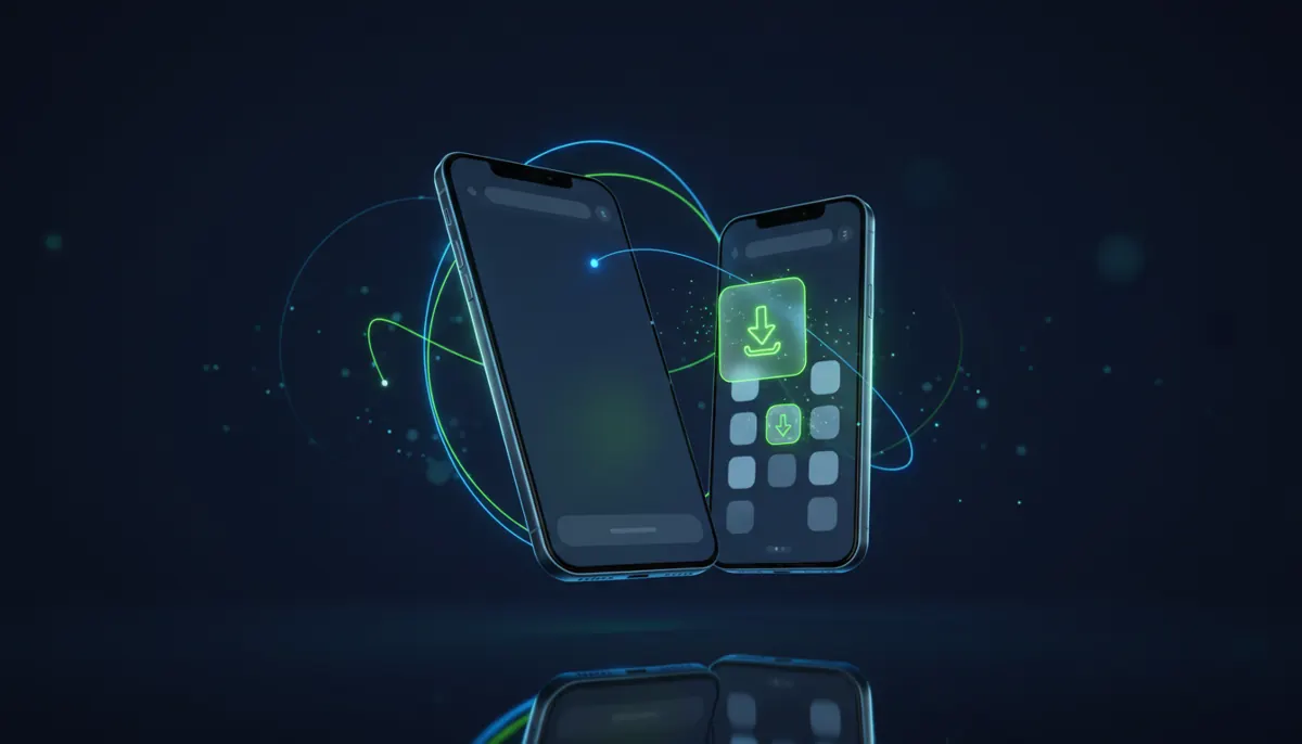 Stylized smartphone illustration showing the browser menu, an install prompt, and a glowing home-screen app icon representing the PWA installation process.