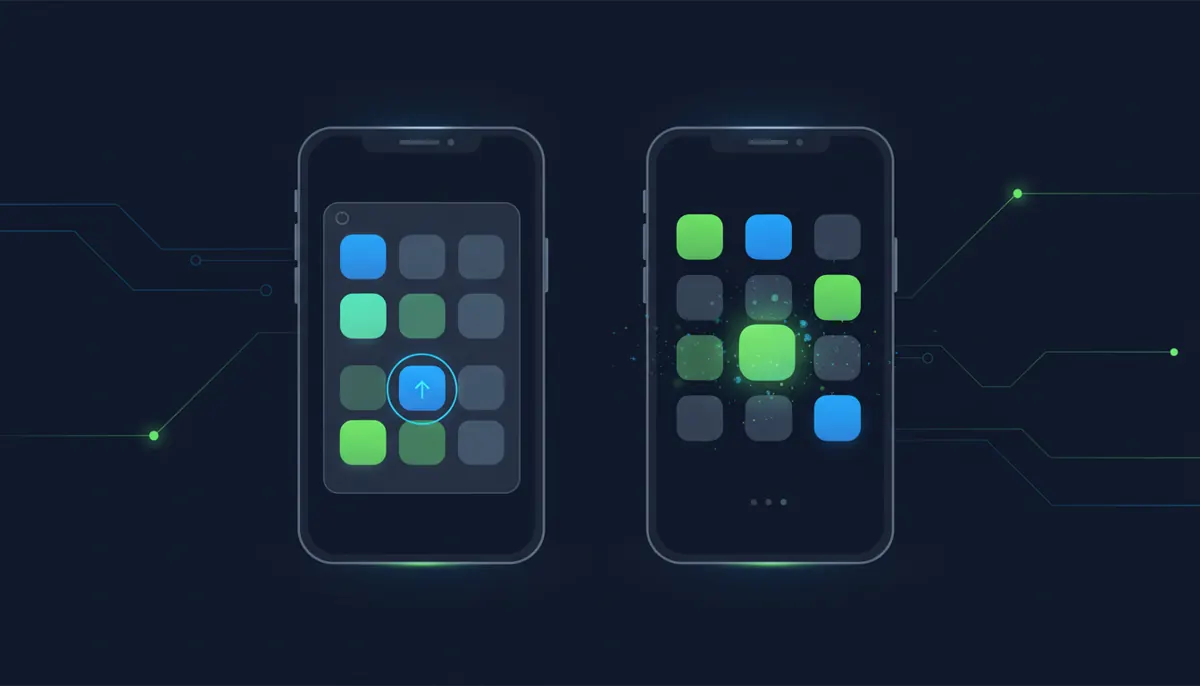 Abstract illustration of a mobile share menu and home screen showing how to add a web app icon on iOS