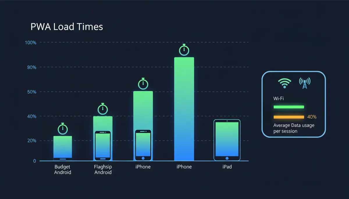 Infographic comparing PWA load times across budget Android, flagship Android, iPhone, and iPad devices, with a callout on data usage per session for Wi-Fi versus mobile data.