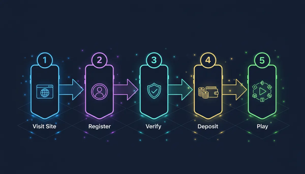 Infographic showing mobile casino app conversion funnel: Visit Site, Register, Verify, Deposit, Play